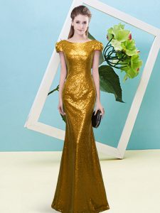  Gold Cap Sleeves Sequined Zipper Prom Evening Gown for Prom and Party