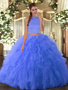  Blue Backless Quinceanera Dresses Beading and Ruffles Sleeveless Floor Length