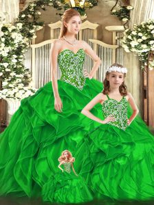 Custom Fit Floor Length Green 15 Quinceanera Dress Organza Sleeveless Beading and Ruffles
