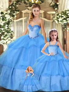  Sweetheart Sleeveless Quinceanera Dress Floor Length Beading and Ruffled Layers Baby Blue Organza