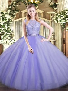 Suitable Tulle Scoop Sleeveless Backless Lace Quinceanera Gowns in Lavender