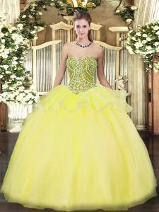  Yellow Ball Gowns Beading and Ruffles Vestidos de Quinceanera Lace Up Tulle Sleeveless Floor Length