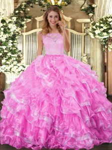  Rose Pink Ball Gowns Scoop Sleeveless Organza Floor Length Clasp Handle Lace and Ruffled Layers 15 Quinceanera Dress