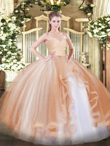  Sleeveless Tulle Floor Length Lace Up Sweet 16 Dress in Champagne with Ruffles