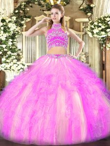 Affordable Lilac Two Pieces Beading and Ruffles Sweet 16 Quinceanera Dress Backless Tulle Sleeveless Floor Length