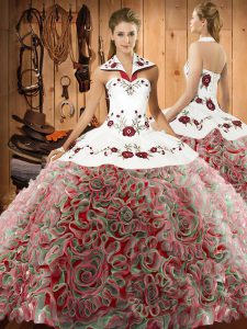  Fabric With Rolling Flowers Sleeveless 15 Quinceanera Dress Sweep Train and Embroidery