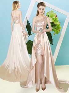  Elastic Woven Satin and Sequined One Shoulder Sleeveless Lace Up Sequins Prom Gown in Champagne