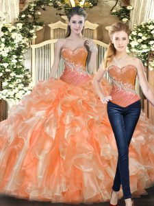 New Style Floor Length Orange Red Quinceanera Dress Tulle Sleeveless Beading and Ruffles