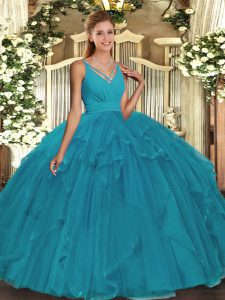Suitable Organza Sleeveless Floor Length Quinceanera Gowns and Ruffles