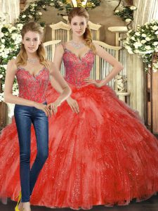 Fancy Red Organza Lace Up Sweet 16 Quinceanera Dress Sleeveless Floor Length Beading and Ruffles