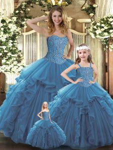 Super Teal Sweetheart Lace Up Beading and Ruffles Sweet 16 Dresses Sleeveless