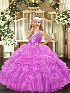  Lilac Little Girls Pageant Dress Party and Quinceanera with Beading and Ruffled Layers and Pick Ups V-neck Sleeveless Lace Up
