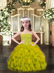  Floor Length Lace Up Little Girls Pageant Dress Olive Green for Party and Quinceanera with Beading and Ruffles
