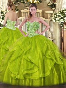  Yellow Green Organza Lace Up Sweetheart Sleeveless Floor Length Quinceanera Gown Ruffles