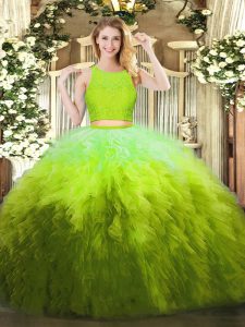 Custom Designed Olive Green Quince Ball Gowns Military Ball and Sweet 16 and Quinceanera and Beach with Lace and Ruffles Scoop Sleeveless Zipper