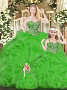 Super Green Ball Gowns Sweetheart Sleeveless Organza Floor Length Lace Up Beading and Ruffles Quinceanera Dress