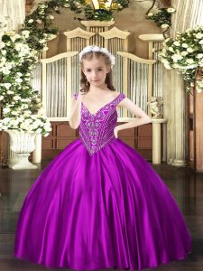 Stylish Floor Length Purple Little Girls Pageant Gowns Satin Sleeveless Beading