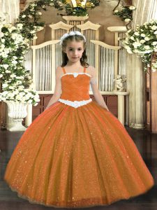 Rust Red Sleeveless Floor Length Appliques Lace Up Little Girls Pageant Dress