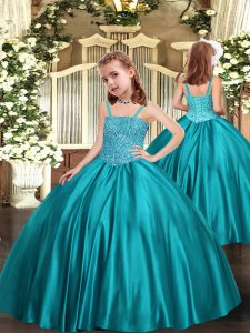Hot Sale Teal Satin Zipper Straps Sleeveless Little Girl Pageant Gowns Beading