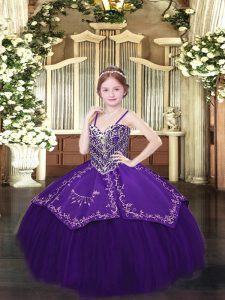  Sleeveless Floor Length Beading and Embroidery Lace Up Little Girl Pageant Gowns with Dark Purple