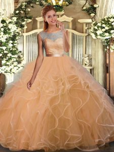 Fantastic Sleeveless Tulle Floor Length Backless Sweet 16 Dresses in Peach with Lace and Ruffles