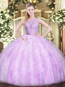 Graceful Lilac Organza Backless Scoop Sleeveless Floor Length Sweet 16 Quinceanera Dress Lace and Ruffles