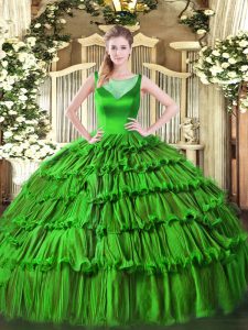 Luxurious Green Sweet 16 Quinceanera Dress Military Ball and Sweet 16 and Quinceanera with Beading and Ruffled Layers Scoop Sleeveless Side Zipper