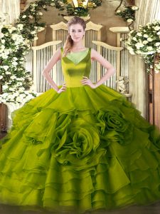 Exceptional Olive Green Sleeveless Beading and Ruffled Layers Floor Length Sweet 16 Quinceanera Dress