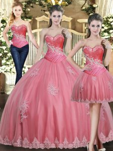 Clearance Rose Pink Sleeveless Floor Length Beading and Appliques Lace Up Sweet 16 Quinceanera Dress