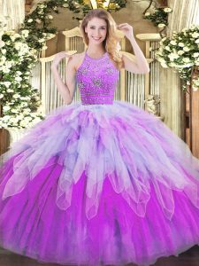 Nice Halter Top Sleeveless Quinceanera Dress Floor Length Beading and Ruffles Multi-color Tulle