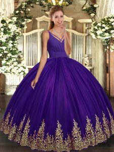 Flare Appliques Sweet 16 Quinceanera Dress Purple Backless Sleeveless Floor Length