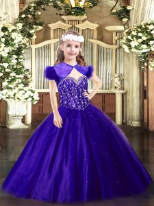 Trendy Floor Length Ball Gowns Sleeveless Purple Pageant Gowns For Girls Lace Up