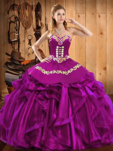 Spectacular Fuchsia Lace Up Sweetheart Embroidery and Ruffles Sweet 16 Dress Satin and Organza Sleeveless