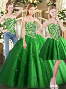 Captivating Green Three Pieces Sweetheart Sleeveless Tulle Floor Length Lace Up Beading Quinceanera Dresses