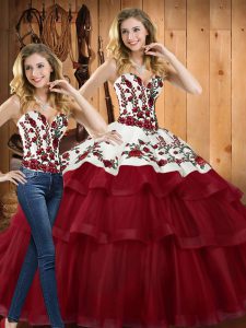 Clearance Wine Red Quinceanera Gowns Organza Sweep Train Sleeveless Embroidery