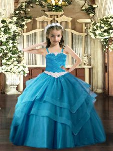 Classical Straps Sleeveless Tulle Little Girl Pageant Gowns Appliques and Ruffled Layers Lace Up