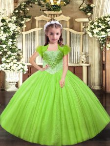  Yellow Green Tulle Lace Up Little Girl Pageant Gowns Sleeveless Floor Length Beading