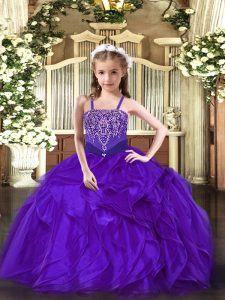 Classical Straps Sleeveless Little Girls Pageant Dress Wholesale Floor Length Beading and Ruffles Purple Organza