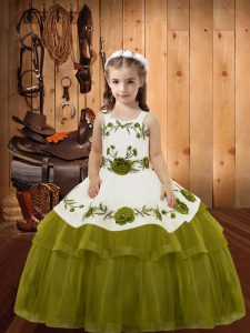  Olive Green Sleeveless Organza Lace Up Little Girls Pageant Gowns for Sweet 16 and Quinceanera