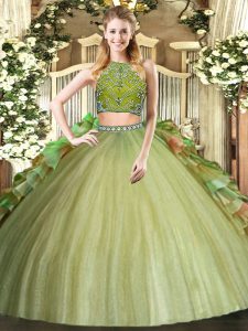 Most Popular Sleeveless Tulle Floor Length Zipper Quince Ball Gowns in Olive Green with Beading and Ruffles