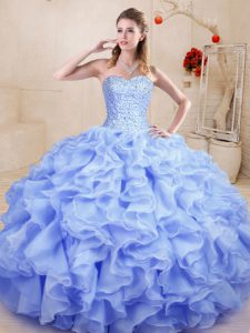 Elegant Lavender Ball Gowns Sweetheart Sleeveless Organza Floor Length Lace Up Beading and Ruffles Sweet 16 Dress