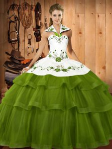 Free and Easy Halter Top Sleeveless Organza 15 Quinceanera Dress Embroidery and Ruffled Layers Sweep Train Lace Up