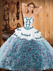  Multi-color Satin and Fabric With Rolling Flowers Lace Up Ball Gown Prom Dress Sleeveless With Train Sweep Train Embroidery