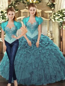 Popular Ball Gowns 15 Quinceanera Dress Teal Straps Tulle Sleeveless Floor Length Lace Up