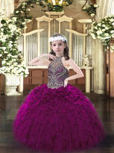  Fuchsia Little Girl Pageant Gowns Party and Quinceanera with Beading and Ruffles Halter Top Sleeveless Lace Up