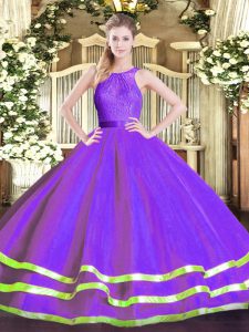  Eggplant Purple Tulle Zipper Quince Ball Gowns Sleeveless Floor Length Lace