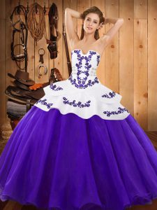 Adorable Purple Satin and Organza Lace Up Strapless Sleeveless Floor Length Quince Ball Gowns Embroidery