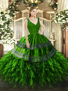Fashionable V-neck Sleeveless Sweet 16 Dresses Floor Length Beading and Appliques and Ruffles Green Organza