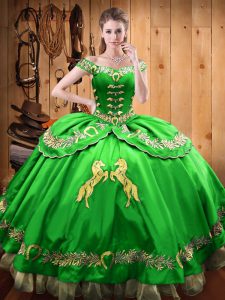 Glorious Sleeveless Satin and Organza Floor Length Lace Up Sweet 16 Dresses in Green with Beading and Embroidery