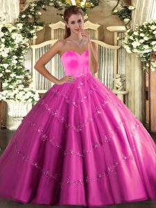  Beading and Appliques Quinceanera Gown Hot Pink Lace Up Sleeveless Floor Length